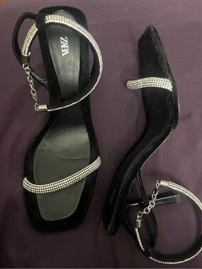 ZARA Black Rhinestone Strap Square-Toe Heels